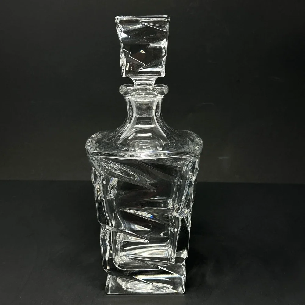 Modernist Brutalist Clear Crystal Glass Whiskey Decanter Geometric Stopper 10in
